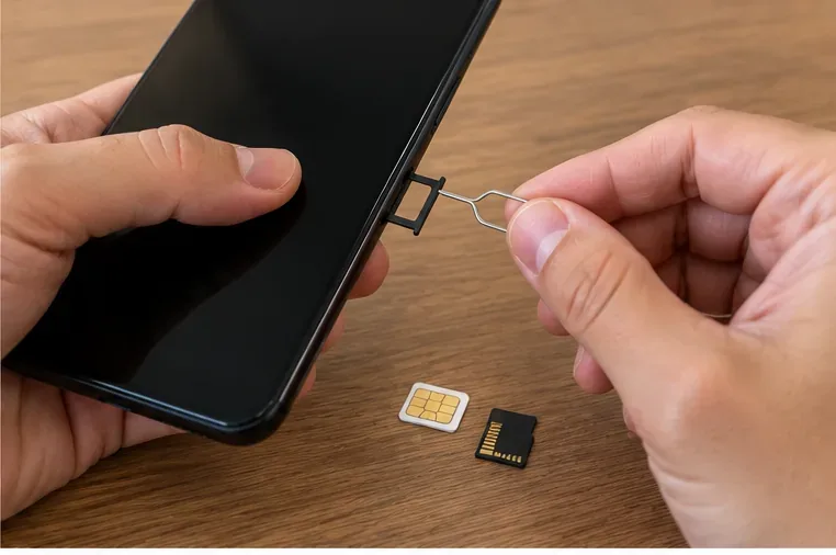 Pessoa retirando a bandeja de SIM de um smartphone, com chip e cartão de memória sobre a mesa.
