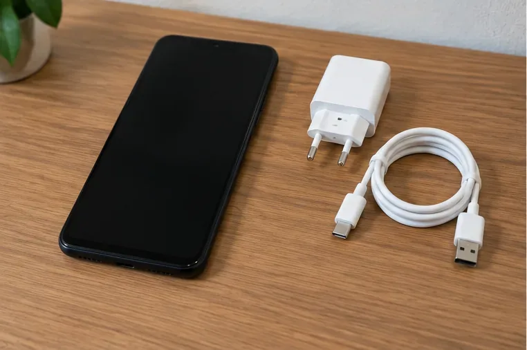 Celular desligado sobre uma mesa ao lado de carregador e cabo USB separados para descarte eletrônico.