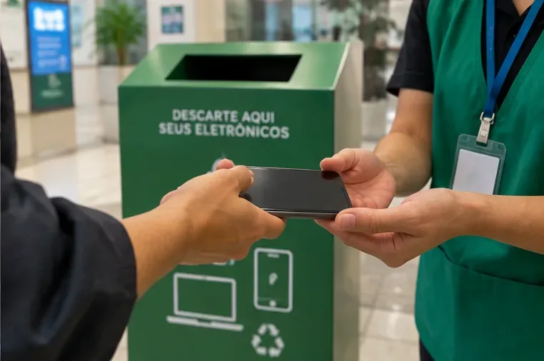 Pessoa entregando um smartphone a um atendente diante de um coletor verde identificado para eletrônicos.