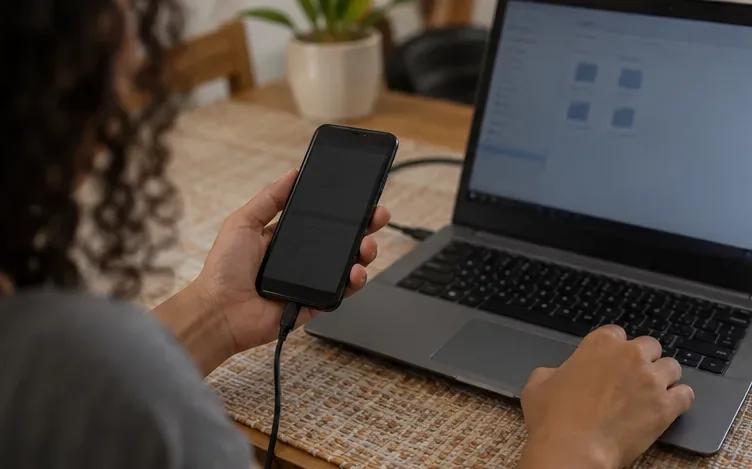 Pessoa segura um celular conectado a um notebook enquanto confere os arquivos
