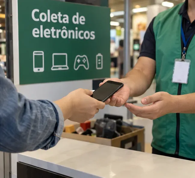 Pessoa entregando um smartphone a um atendente em um ponto identificado como coleta de eletrônicos