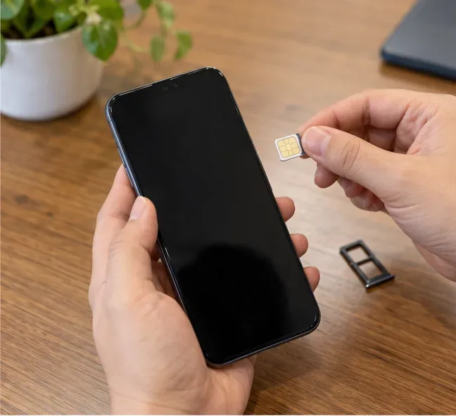 Mãos retirando o chip SIM de um smartphone desligado sobre uma mesa