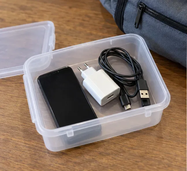 Celular antigo, carregador e cabo USB organizados juntos em uma caixa plástica para transporte até um ponto de coleta