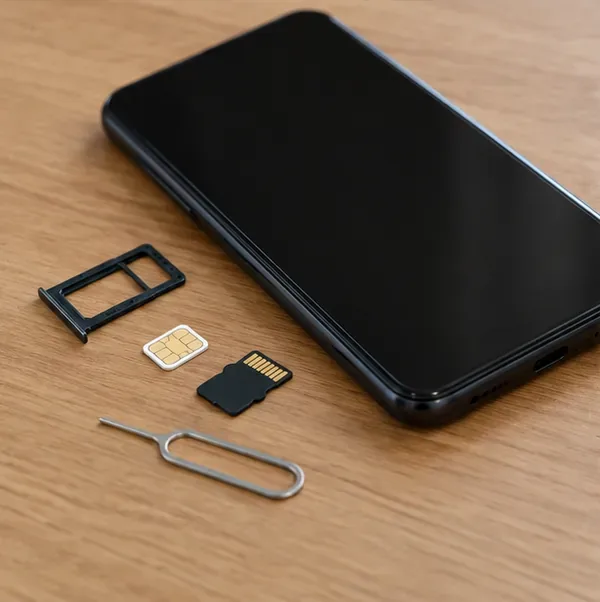 Celular ao lado de uma bandeja removida, um chip SIM, um cartão de memória e uma ferramenta de ejeção.