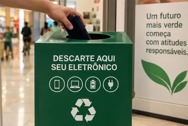Mão colocando um celular na abertura de um coletor verde identificado para descarte de eletrônicos.