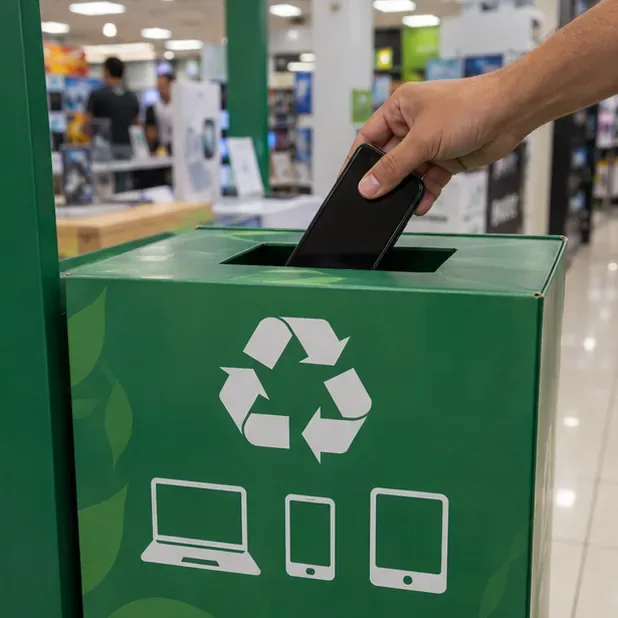 Pessoa deposita um celular usado intacto em um coletor verde identificado para reciclagem de eletrônicos