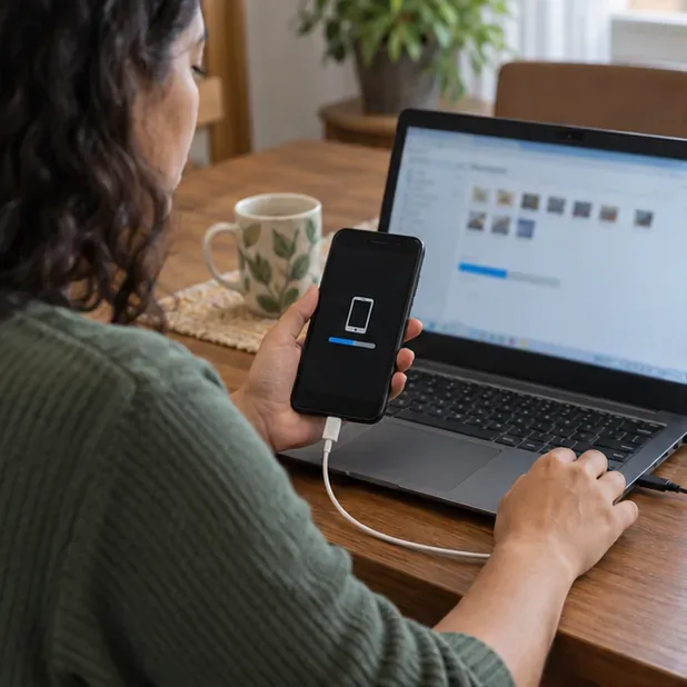 Pessoa conecta um celular antigo ao computador para fazer cópia de segurança dos arquivos antes do descarte