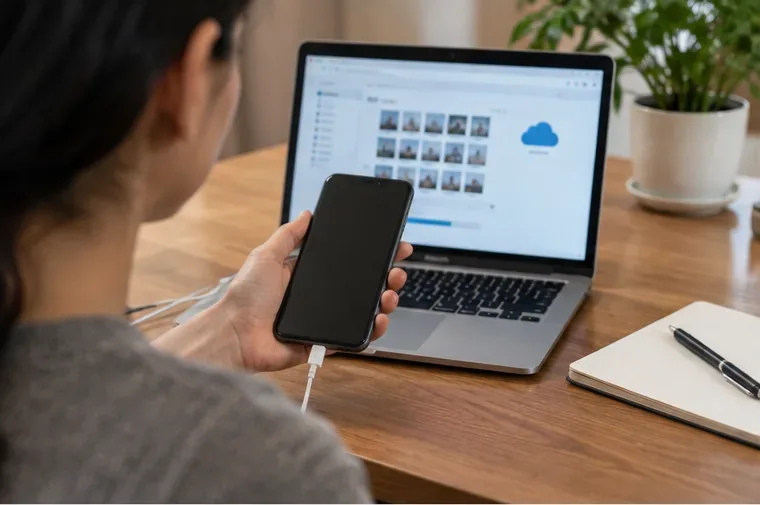 Pessoa fazendo backup de um celular em uma mesa antes de encaminhá-lo para descarte
