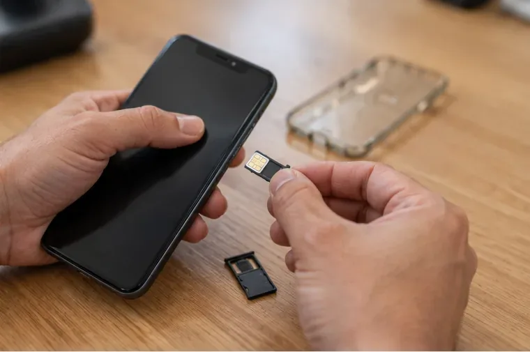 Mãos retirando o chip SIM de um celular antes do descarte