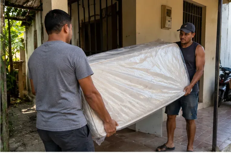 Duas pessoas carregam um colchão protegido por plástico para facilitar o transporte sem arrastá-lo