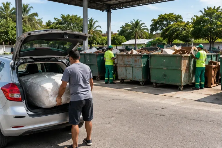 Homem descarrega um colchão protegido do porta-malas de um carro em uma área organizada para recebimento de resíduos