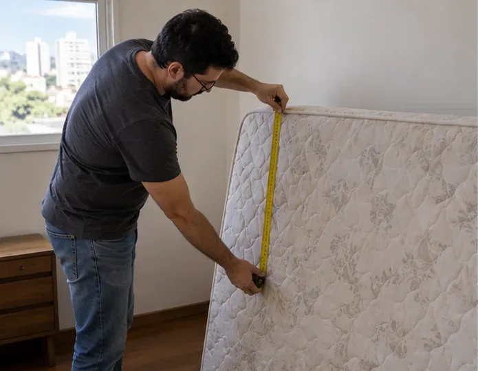 Homem medindo um colchão usado dentro de um quarto antes de organizar o descarte em Belo Horizonte