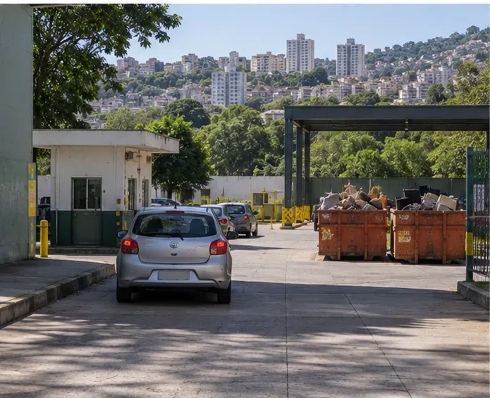 Veículo entrando em uma instalação de recebimento de resíduos volumosos em uma área urbana de Belo Horizonte