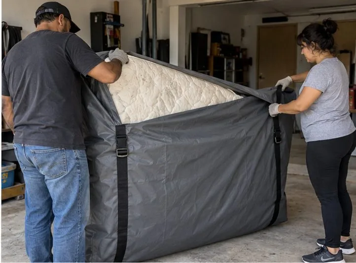 Duas pessoas colocando uma capa protetora em um colchão dentro de uma garagem