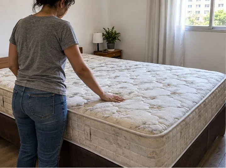 Pessoa avaliando a superfície de um colchão sobre a cama em um quarto