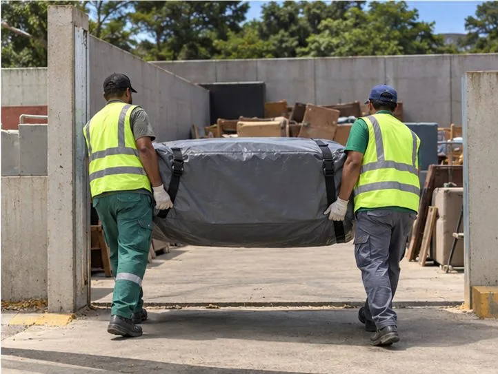 Dois trabalhadores levam um colchão coberto para uma área de recebimento de itens volumosos