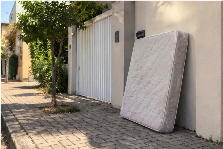 Colchão encostado de forma organizada junto ao muro de uma residência, próximo ao portão, aguardando coleta programada
