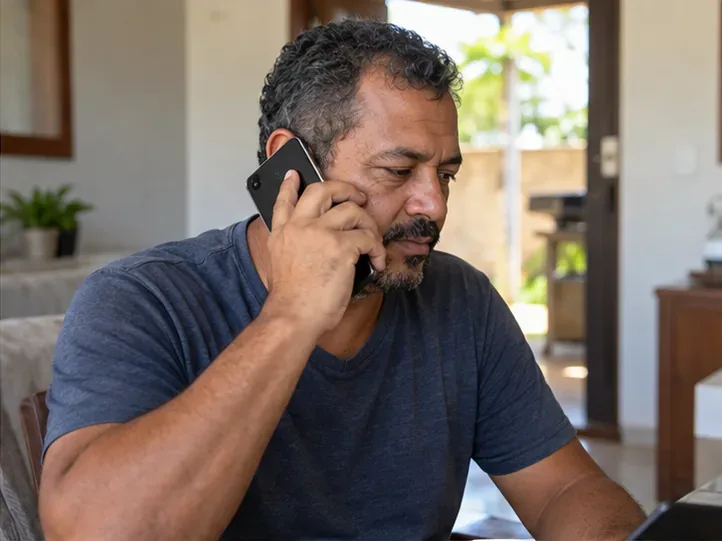 Um morador fala ao telefone para confirmar informações sobre o descarte de um colchão