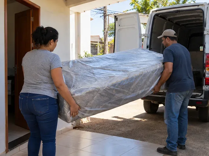 Duas pessoas carregam um colchão protegido até a área de carga de uma van