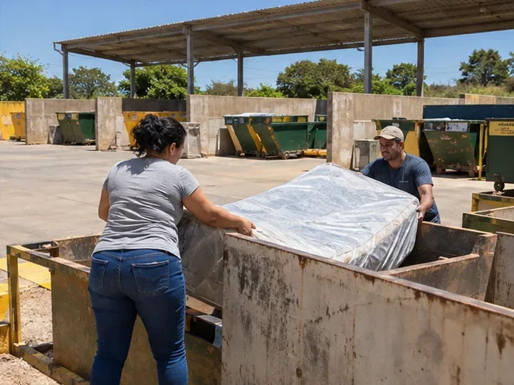 Duas pessoas apresentam um colchão coberto a um funcionário em uma área de recebimento de resíduos