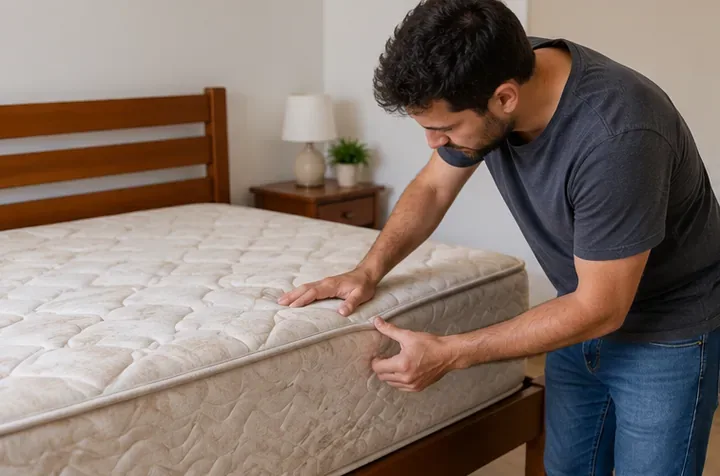 Homem examina a lateral e pressiona a superfície de um colchão claro sobre uma cama de madeira.