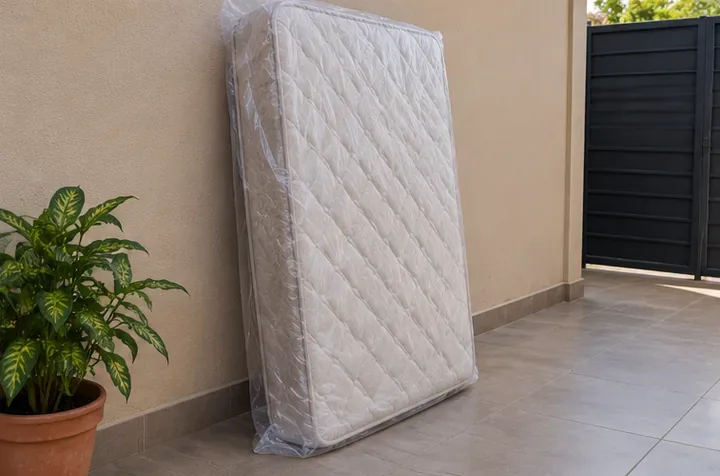 Colchão envolto em plástico transparente está apoiado em uma parede, sobre piso cerâmico, em uma área doméstica com portão.