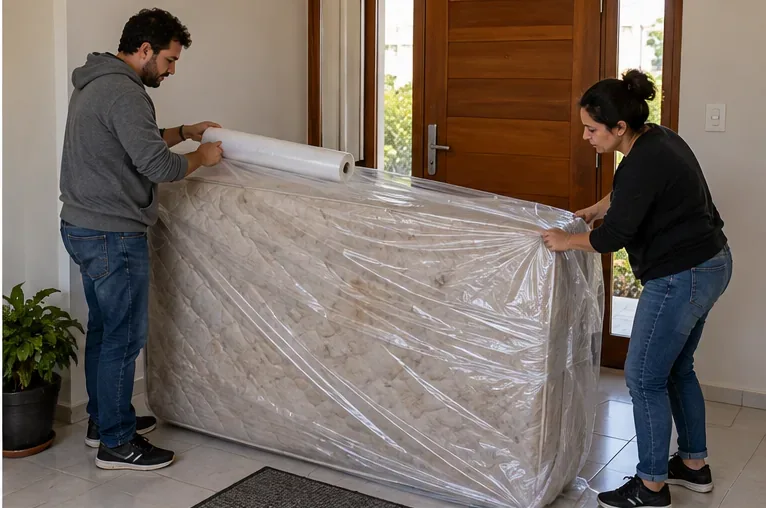 Duas pessoas protegendo um colchão usado com uma capa plástica antes do transporte
