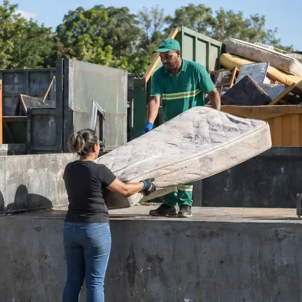Trabalhador recebe um colchão em uma área de coleta de resíduos volumosos com outros itens separados