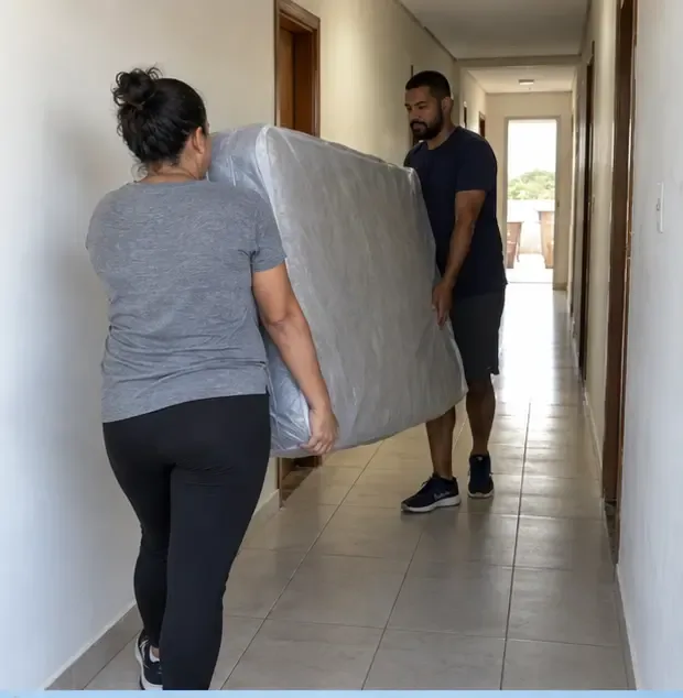 Duas pessoas carregam um colchão protegido por um corredor residencial