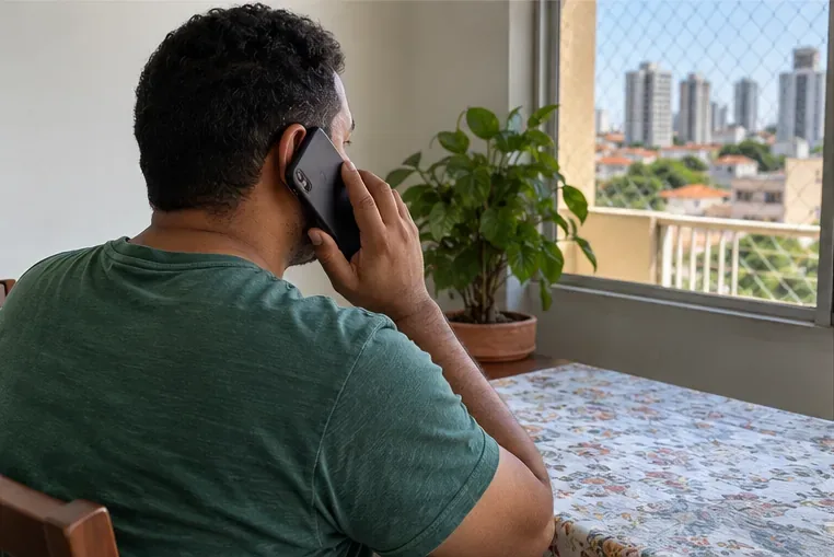 Um morador fala ao telefone de casa para solicitar a coleta de um colchão usado