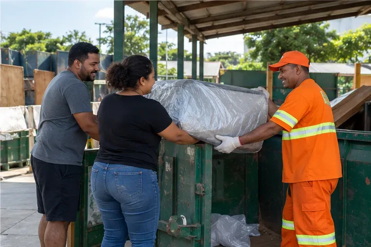 Moradores entregam um colchão protegido diretamente a um funcionário em uma área de recebimento de volumosos
