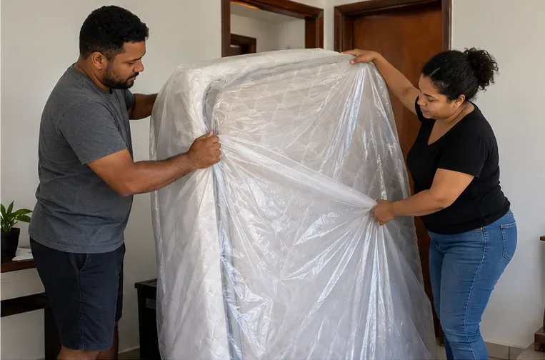 Duas pessoas colocam uma proteção plástica em volta de um colchão antes de movê-lo
