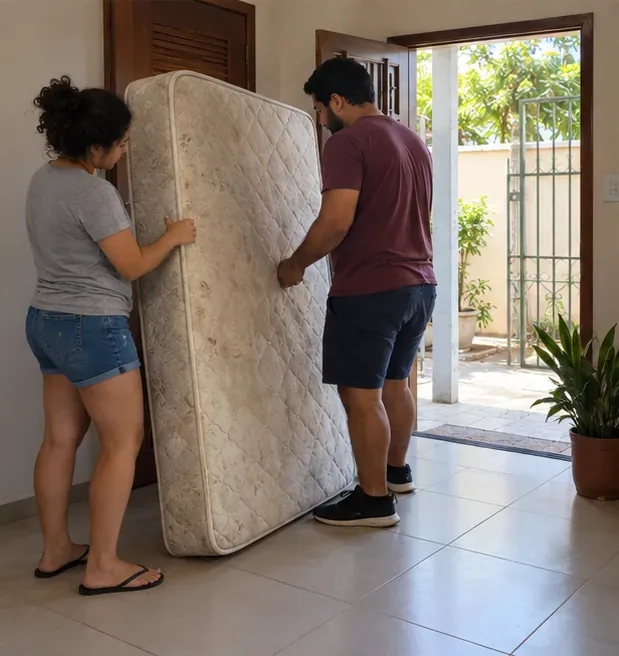 Duas pessoas movimentam um colchão usado no interior de uma casa próximo à porta de saída
