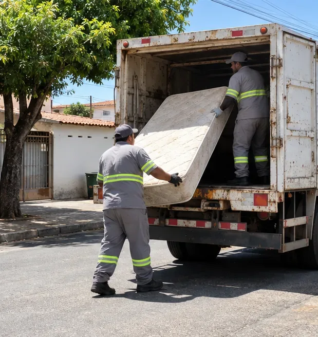 Dois trabalhadores colocam um colchão usado na traseira de um caminhão de coleta sem identificação visível