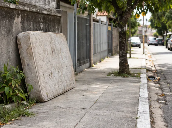 Colchão velho deixado junto ao passeio ocupa parte do caminho de pedestres, exemplo de descarte a evitar