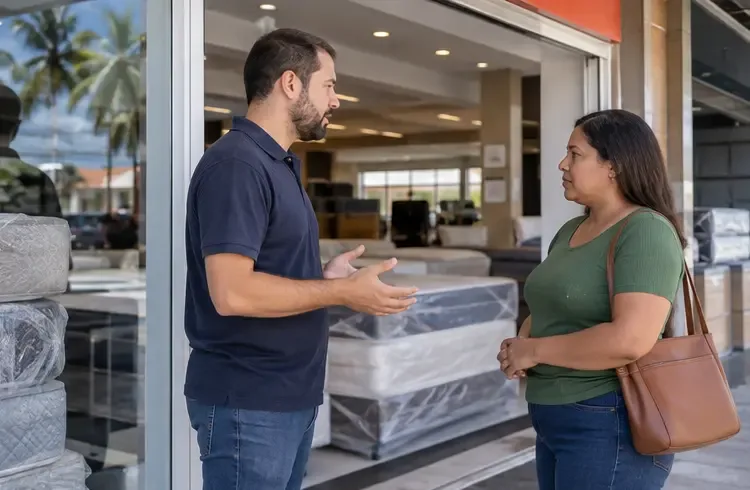 Cliente conversa com funcionário na entrada de uma loja que vende colchões embalados