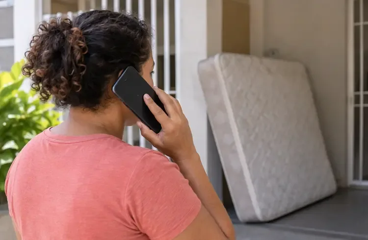Moradora fala ao telefone enquanto um colchão usado permanece protegido na entrada da casa