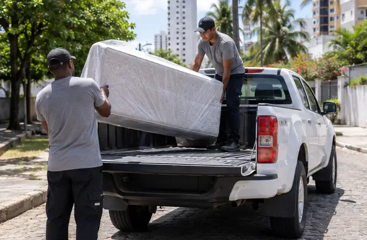 Dois trabalhadores carregam um colchão protegido para a carroceria de uma caminhonete em uma rua arborizada