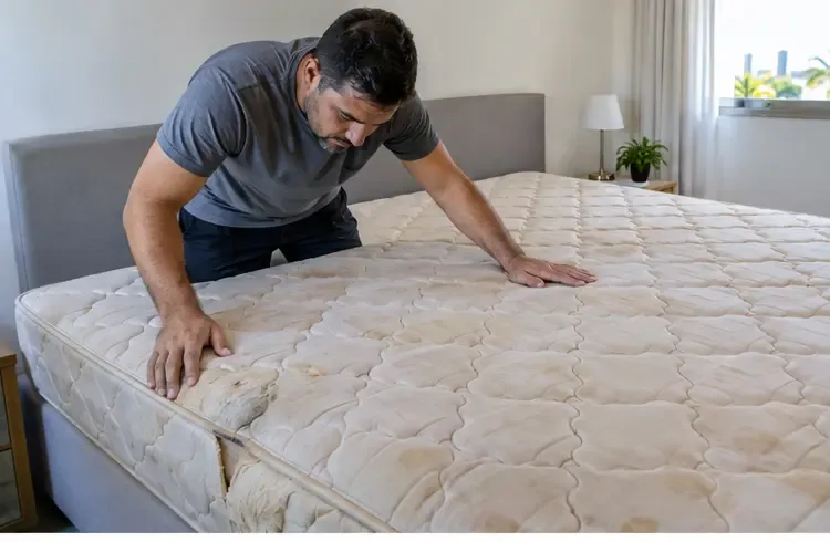 Pessoa verifica manchas e desgaste em um colchão usado sobre a cama