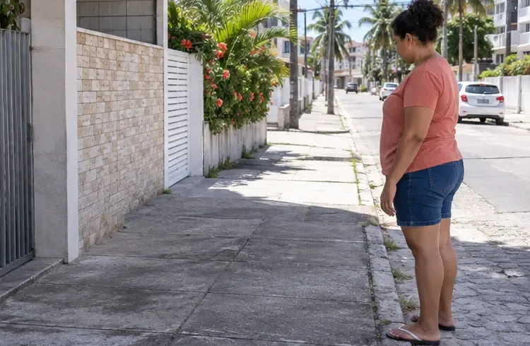 Moradora observa uma calçada limpa e livre de colchões ou outros resíduos em uma rua arborizada