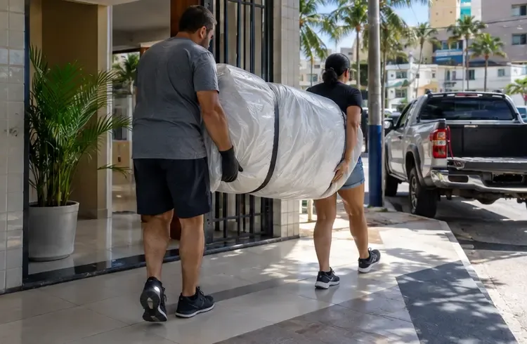 Duas pessoas carregam um colchão protegido pela entrada de um prédio em direção a uma caminhonete