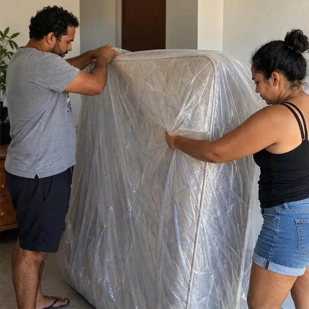 Duas pessoas cobrem um colchão seco com plástico protetor para transportá-lo sem expô-lo à chuva ou à sujeira.