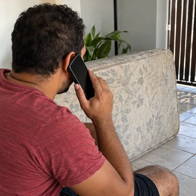 Um morador fala ao telefone perto de um colchão usado em casa enquanto organiza o pedido de retirada de um item volumoso.
