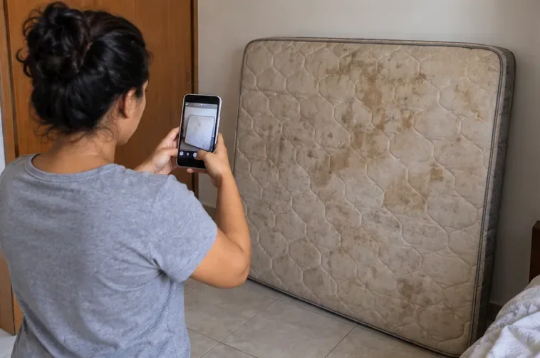 Moradora fotografa um colchão usado dentro de casa antes de solicitar a coleta agendada