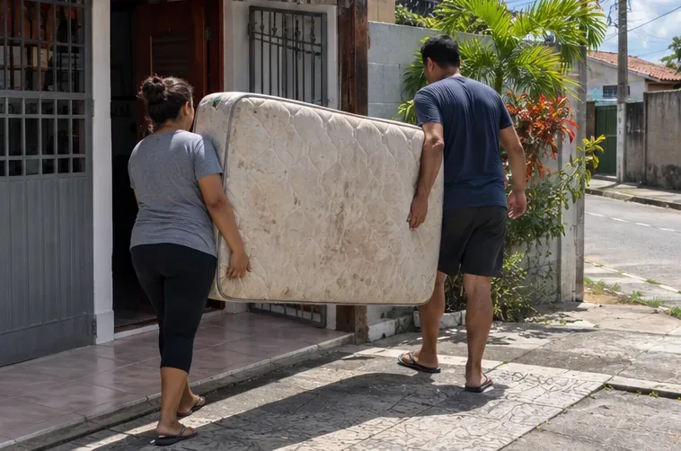Duas pessoas levam um colchão usado da casa até a área externa no dia da retirada