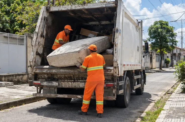Trabalhadores de limpeza urbana colocam um colchão usado em caminhão de coleta em rua residencial