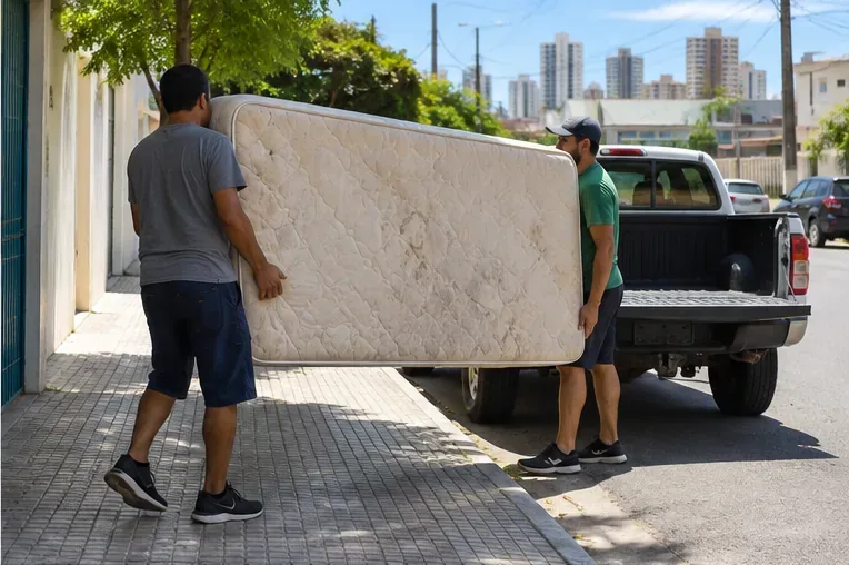 Duas pessoas carregando um colchão usado em direção à carroceria de uma caminhonete