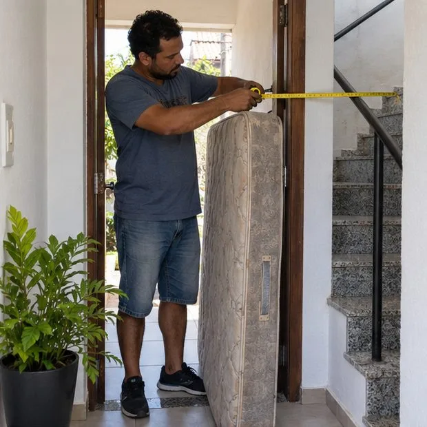 Morador mede um colchão em pé junto à porta e observa o acesso pela escada