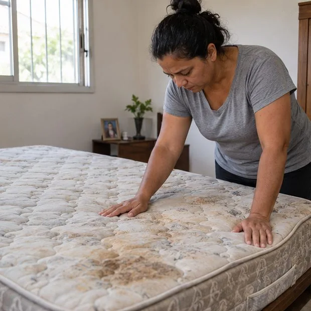 Moradora examina manchas e sinais de desgaste em um colchão usado dentro de casa