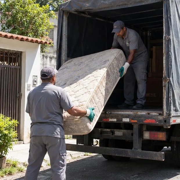 Dois trabalhadores carregam um colchão de uma residência para um veículo de coleta coberto